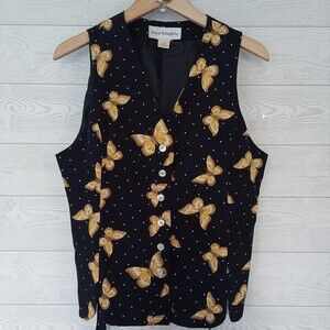 Norton McNaughton Sleeveless Vest Size 10 Butterflies Black Yellow Button Up